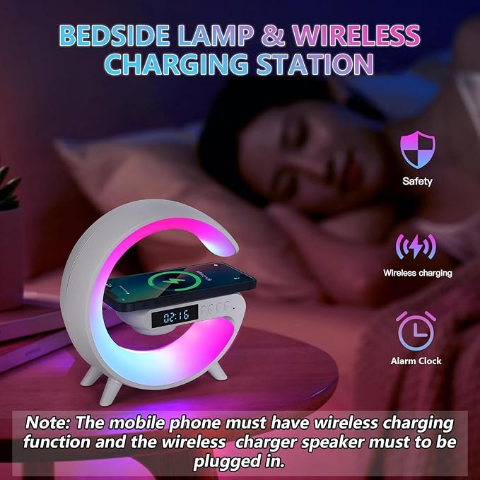 Mini Smart LED Table Lamp, 4-in-1 Wireless Charger, Wireless Charger with Speaker,Night Light, Alarm Clock, and Bluetooth Speaker for Bedroom and Home Decor (White)