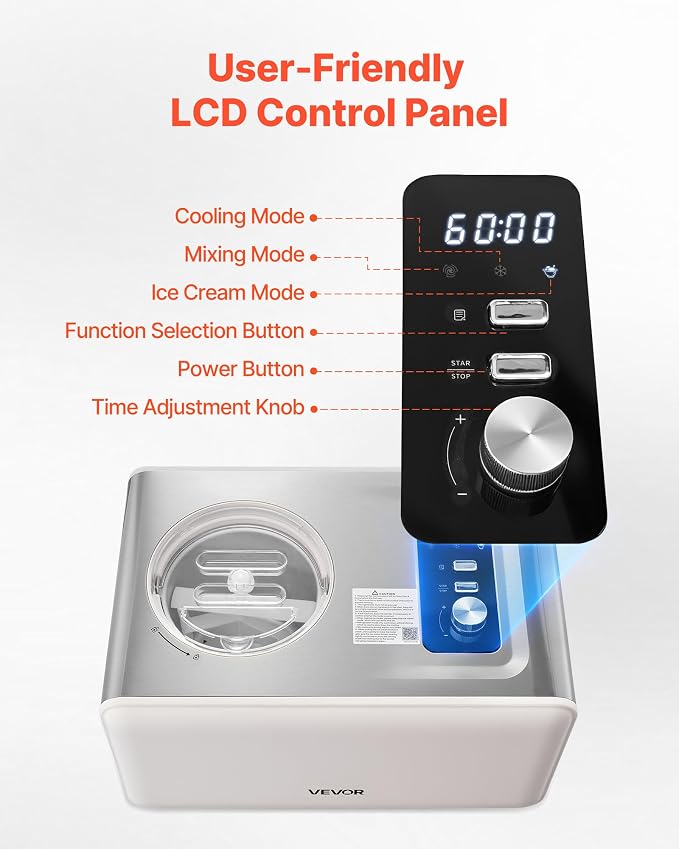 VEVOR Automatic Ice Cream Maker with Built-in Compressor, 2 Quart No Pre-freezing Gelato Maker, Electric Sorbet-Maker, 3 Modes Compressor Ice Cream Machine for Home Kitchen