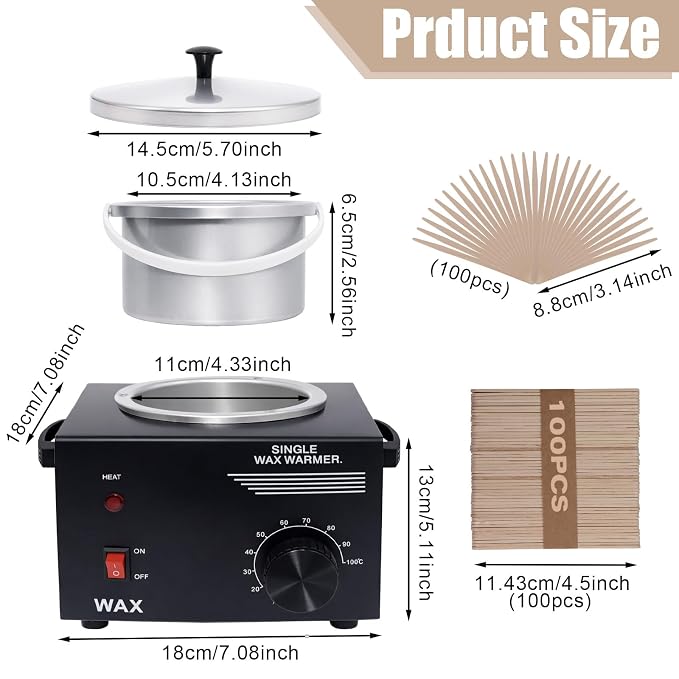 Electric Wax Warmer Machine for Body Hair Removal Hot SPA Aluminum Heater with Wooden Wax Sticks-Single Pot (Black)
