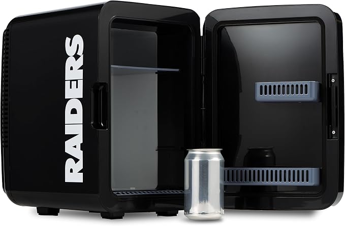 Ukonic NFL Las Vegas Raiders 15-Can Mini Fridge 10L AC/DC Powered, Official Team Colors & Logo, Portable Cooler for Tailgates, Home, Office, or Car
