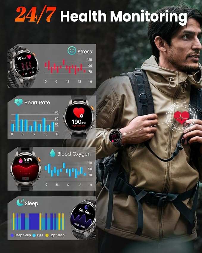Smart Watches for Men(100 Days Battery/Flashlight), 5 ATM Waterproof Military Smart Watch with Heart Rate/Sleep/SpO2/Calling/110+ Sports Mode, Rugged Men's Fitness Tracker Watch for Android iPhone