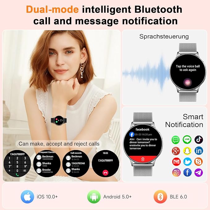 Jugeman Smart Watch for Women, Womens Watch with 24/7 Health Tracking, Bluetooth Calls, Step Heart Rate Sleep Monitor, IP68 Waterproof Wrist Smartwatch for Work Sports, Gift for Women (Silver)