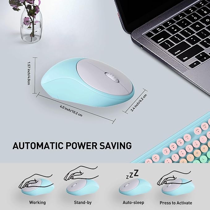 Wireless Keyboard and Mouse Combo, Cute Retro Typewriter Style Round Key Keyboard for Long Nails,2.4GHz Full Size Clicky Aesthetic Colorful Keyboard with Number Pad for PC Laptop Desktop, Pink Green