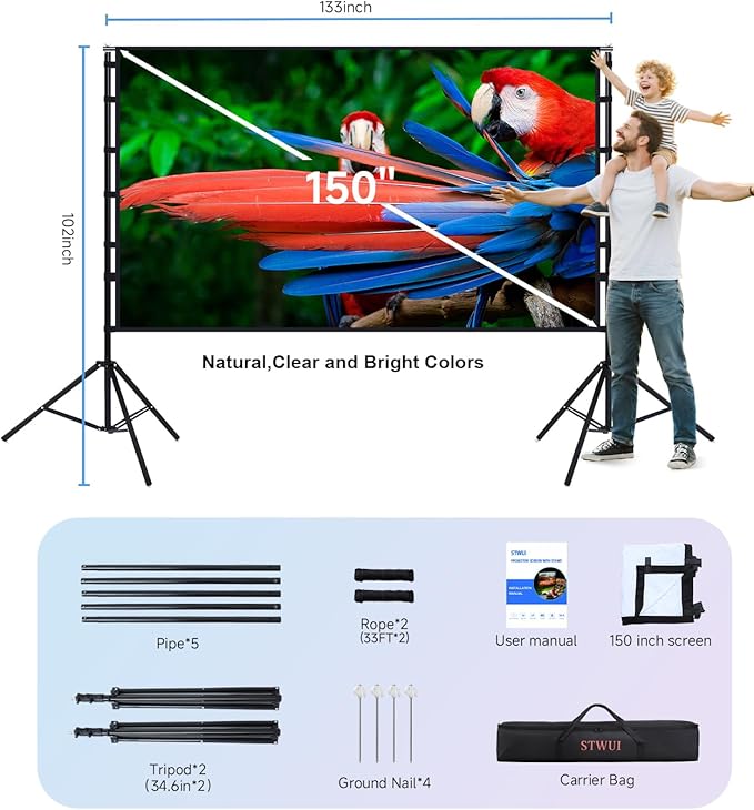 STWUI Projector Screen with Stand - 150 Inch Portable Projector Screens Outdoor Indoor Projector Screen 16:9 4K HD Outdoor Movie Screen with Carry Bag,Enjoy Home Theater Projection Screen