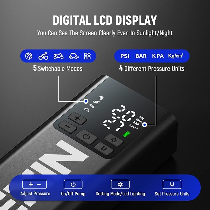 LEXIN P5 Tire Inflator Portable Air Compressor, 150PSI Electric Air Pump for Car Tires, 5000mAh Rechargeable Tire Inflator with Digital Pressure Gauge & Auto Shut-Off for Car, Motorcycle, Bike & Ball