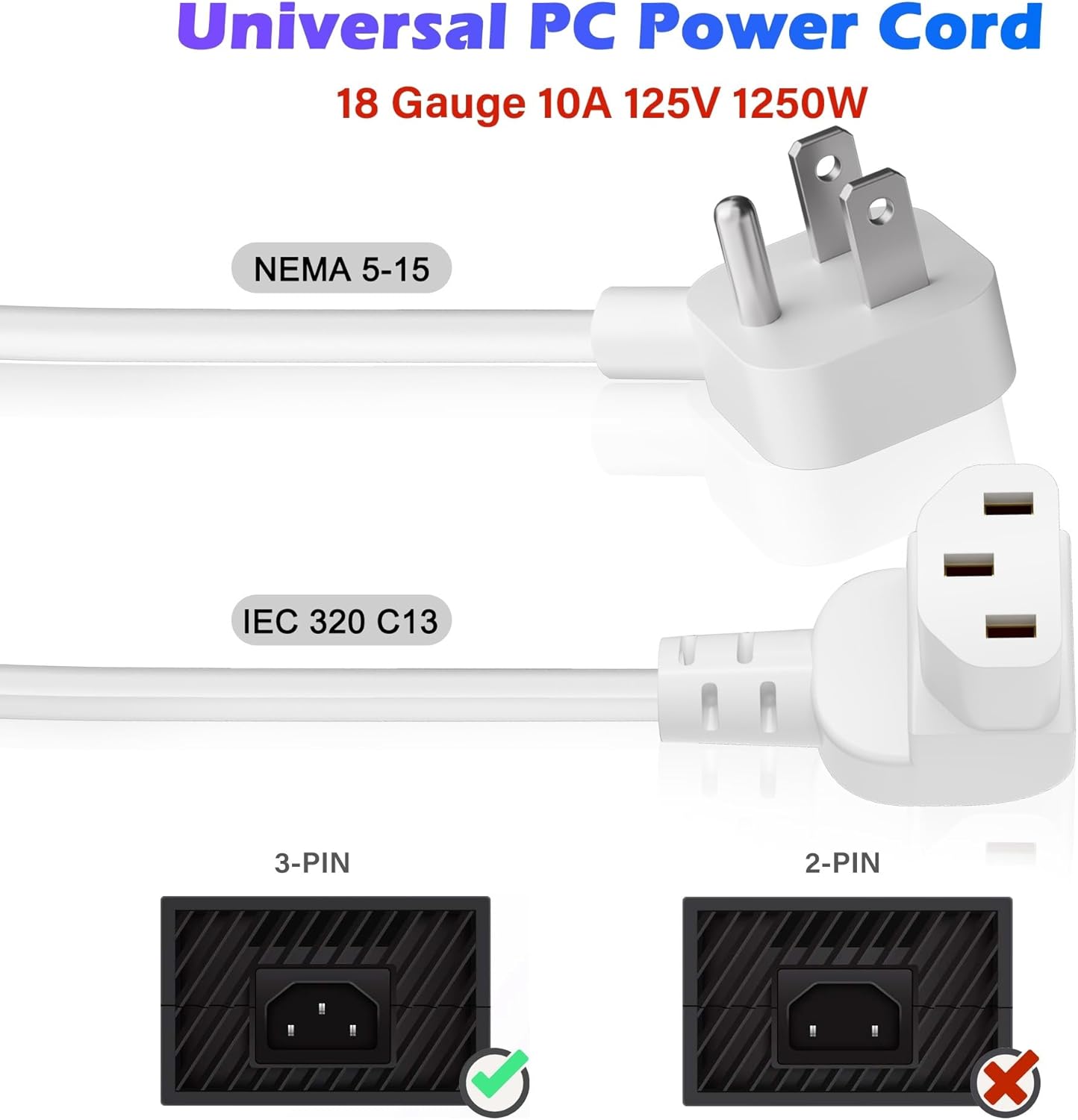 Adoreen 6 Ft Computer TV Replacement Power Cord White, Low Profile Flat Plug to 90 Degree Angled L-Shaped 18AWG 3-Prong AC Universal Power Supply Cable for Printer, PC, Monitor TV LCD, ETL+Ties