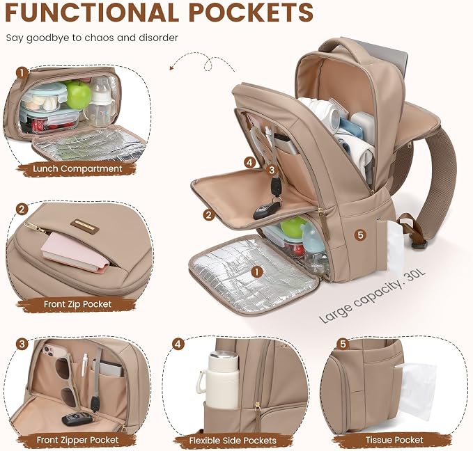 GOLF SUPAGS Lunch Backpack 16 Inch Laptop Backpack with Insulated Cooler Lunch Box Food Bag for College Work Camping Picnics (Champagne)