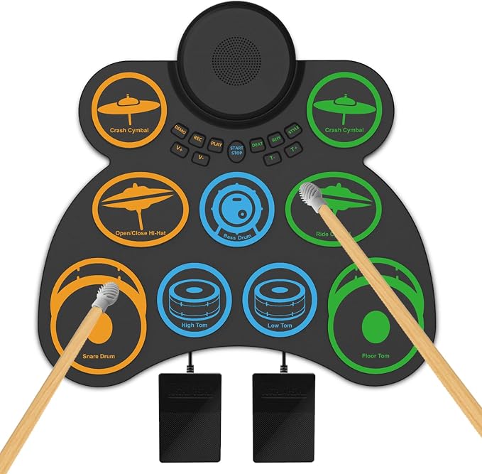 Electric Drum Set for Kids & Adults, 9-Pad Electronic Drum Pad with 0.32" Thickened Silicone, Built-in Speaker, Rechargeable Battery, Headphone Jack. Portable Electric Drums Gift Bateria Electrica