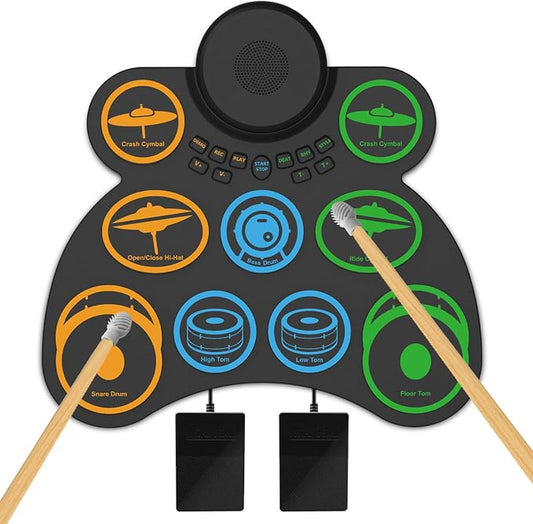 Electric Drum Set for Kids & Adults, 9-Pad Electronic Drum Pad with 0.32" Thickened Silicone, Built-in Speaker, Rechargeable Battery, Headphone Jack. Portable Electric Drums Gift Bateria Electrica