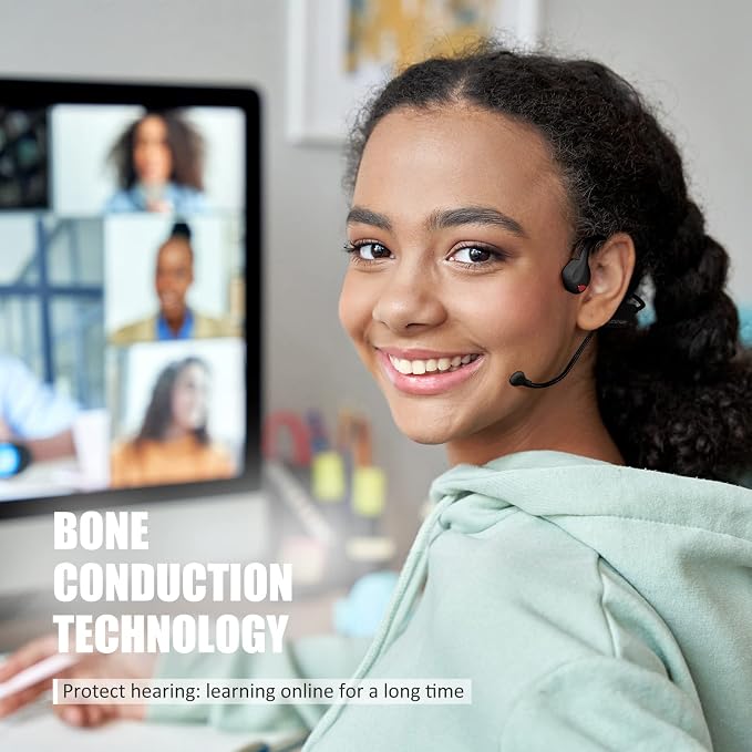 Bone Conduction Headphones Bluetooth with Mic Wireless Computer Headsets with Microphone Open Ear Bluetooth Earphones Noise Cancelling Multi-Point Connection for PC, Working