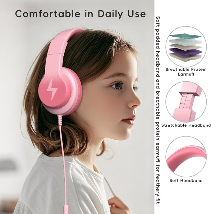 Candy Bila Kids Headphones, Wired Headphones for Kids Over Ear with Microphone, Foldable Headphone for Learning & Entertainment, Light Pink