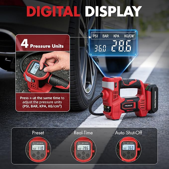 Tire Inflator Portable Air Compressor,20V Cordless Tire Inflator with 150PSI Max,4X Faster Portable Air Pump,Battery Powered Pump with Digital Pressure Gauge for Car Tires,Motorcycle,Bike,Balls