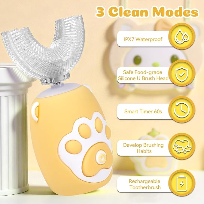 Kids U Shaped Electric Toothbrush for Age 2-12, Rechargeable Toddler Toothbrush with Smart Timer & 3 Clean Modes, Cat's Claw Design, IPX7 Waterproof, 3 Brush Heads & 360°Cleaning