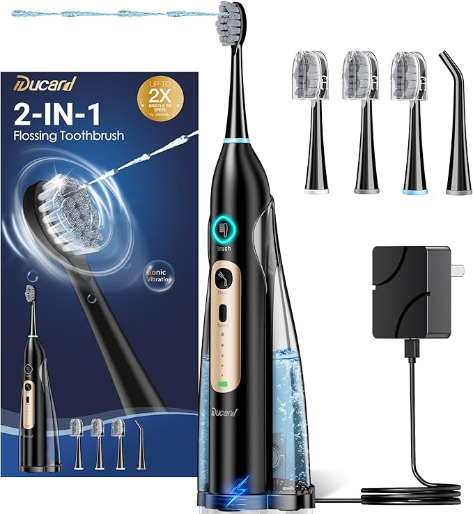 Electric Toothbrush with Water Flosser Combo, Professional Oral Care with 3 Brush Modes & 5 Water Pressure, Rechargeable Flossing Toothbrush for Adults Teeth Cleaning, Cordless for Home&Travel, Black