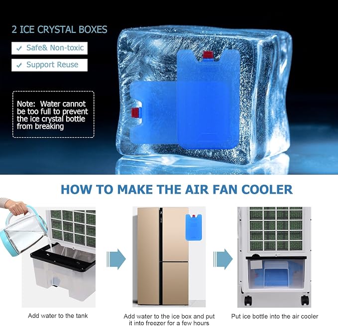 FANTASK Portable Air Cooler, Electric Air Cooling Machine with 3 Modes, 3 Speeds and Timer Function, Cooling Fan with Digital Display, Ice Crystal Box and Large Water Tank, Idea for Home Office