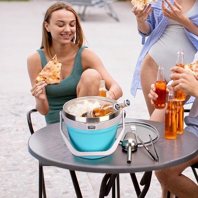 Luxfuel Double-Wall Vacuum Insulated Ice Bucket with Lid, Scoop & Tongs, 256 oz Capacity Stainless Steel Beverage Bucket for Champagne, Cocktails, Wine, Beer, and Large Party - Carbon