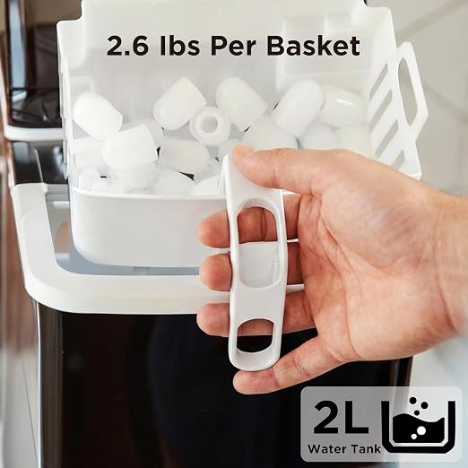 Silonn Countertop Ice Maker, 9 Ice Cubes in 6 Mins, 26 Lbs in 24 Hrs, Compact Ice Machine with Ice Basket & Scoop, 2 Ice Sizes, Self-Cleaning Ice Maker for Home/Party/Office/Bar/Dorm, Black