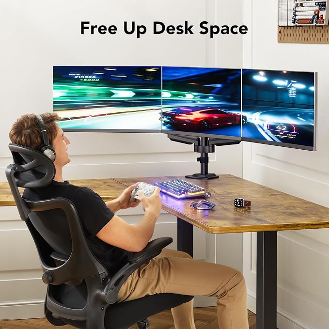 HUANUO Triple Monitor Mount for 13-27 inch Computer Screens, Gaming 3 Monitor Desk Mount with Arm Holds 19.8lbs, Triple Monitors Stand with Tilt, Swivel, Rotation, VESA 75x75, 100x100mm