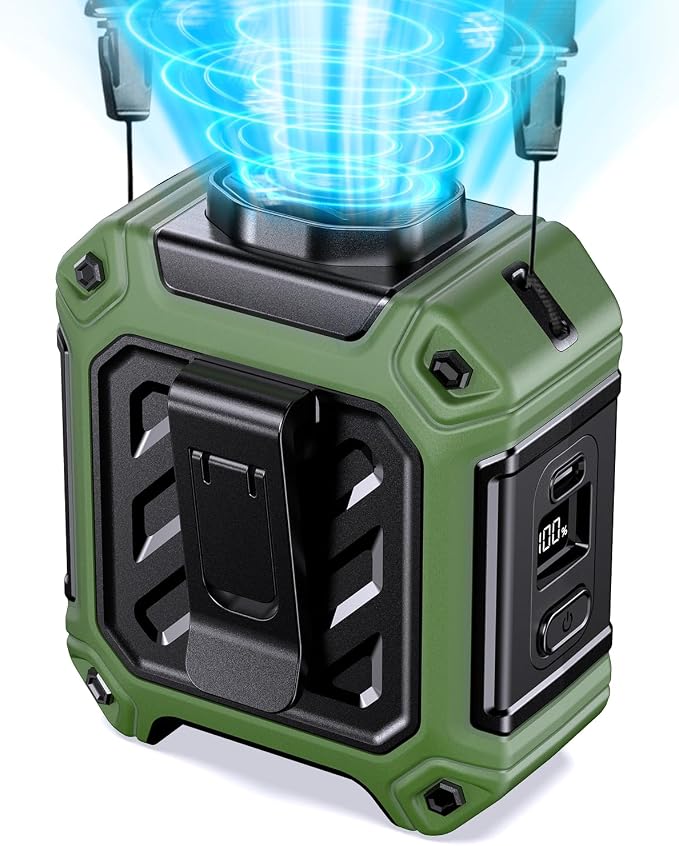 AI Portable Waist Fan 10000 mAh Rechargeable with LED Display & 40H Runtime, 5 Speed 16000RPM Cooling Personal Clip on Neck Fan for Outdoor Work, Jobsite, Camping, Green