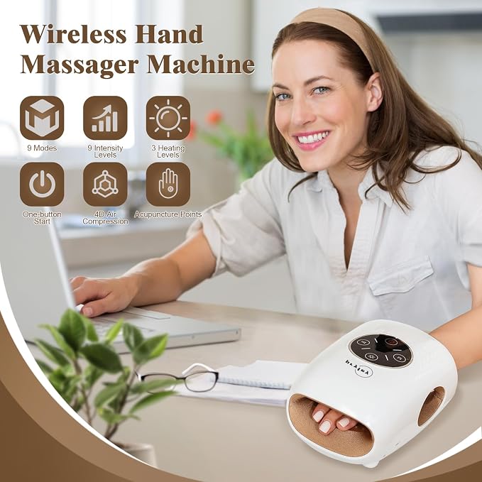 Hand Massager with Heat and Compression, Cordless Hand Massage for Arthritis Carpal Tunnel Relief, Finger Wrist Relaxation, 9 Modes 9 Intensities, Gifts for Fathers, Women Mom, White