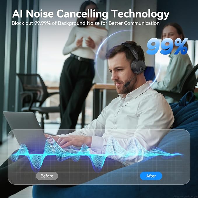 LEVN Bluetooth Headset with Microphone, 60 Hrs Working Time Dual Connection Bluetooth Headphones with Mic, Wireless Headset with Mic for Work/Video Meetings/Phone/Call Center/PC/Music/Zoom/Teams