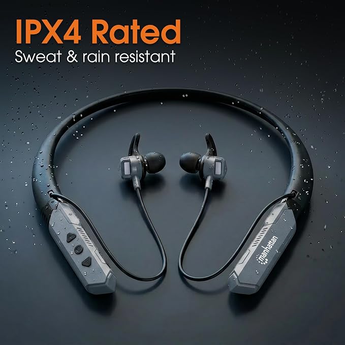 MANHATTAN Bluetooth Wireless Neckband Headphones — Work Earbud Earphones with 15H Playtime, Noise-Isolating, IPX4 Water Resistant, Built-in Mic – for Work, Music, Calls (Black/Space Gray)