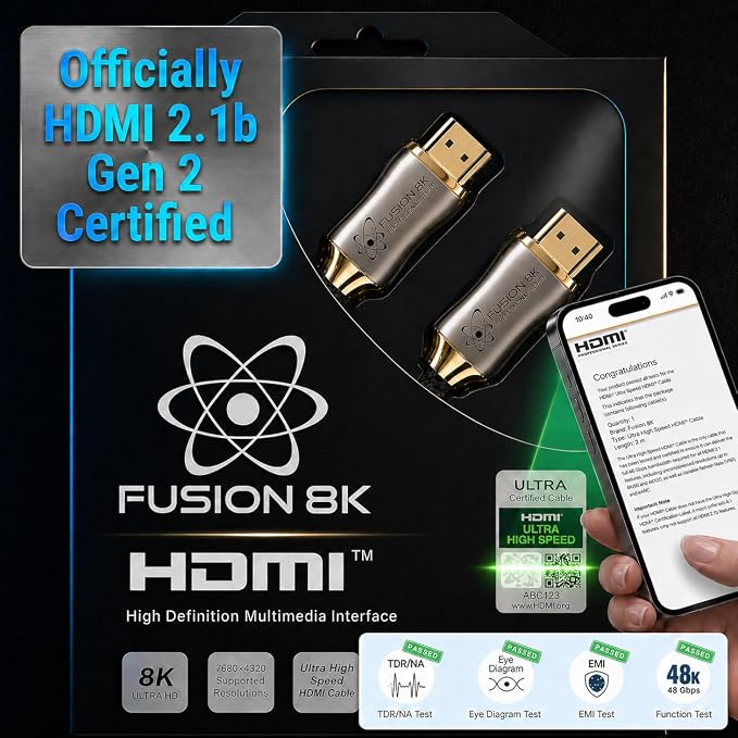 Fusion8K Certified HDMI 2.1 Cable 48Gbps 10 Feet - 10K 8K@60Hz 4K@120Hz 144Hz | eARC HDR10 Dolby Vision HDCP 2.3 | Braided Cord for PS5, Xbox Series X, Apple TV 4K, Roku, OLED TV