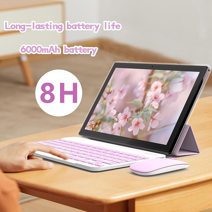 Tablet 2 in 1 Tablets 10 inch Android 15 Tablet Set with Keyboard Case Mouse Stylus Pen, 8GB+32GB Tablets 10.1" HD Touch Screen Tab, 2MP+8MP Dual Camera 6000mAh battery WiFi6 Bluetooth Tableta PC Pink