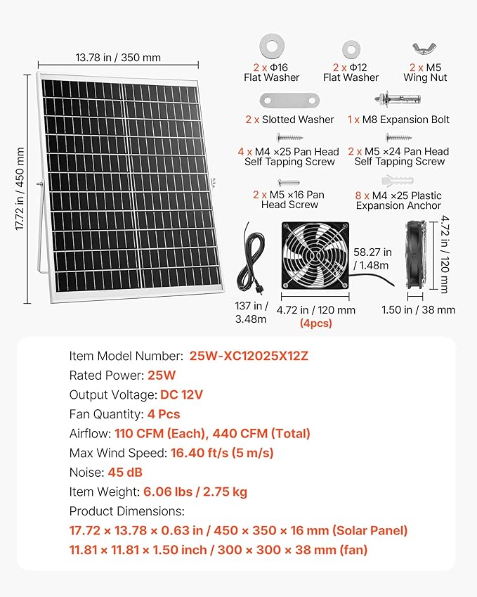 VEVOR Solar Powered Fan, 25W Solar Panel with 4 Fans, Adjustable Solar Panel Angle, 2668 RPM High-Speed, Flexible Installation, Fast Air Exchange for Greenhouse, Grow Tents, Chicken Coops, Shelters