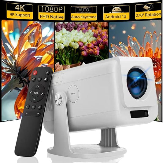 1080P Smart Mini Projector with 270° Rotation, 450 ANSI Brightness, Built-in Android TV OS, Auto Keystone, WiFi 6 & Bluetooth 5.0 – Portable Home Theater Projector for Bedroom & Outdoor Movies