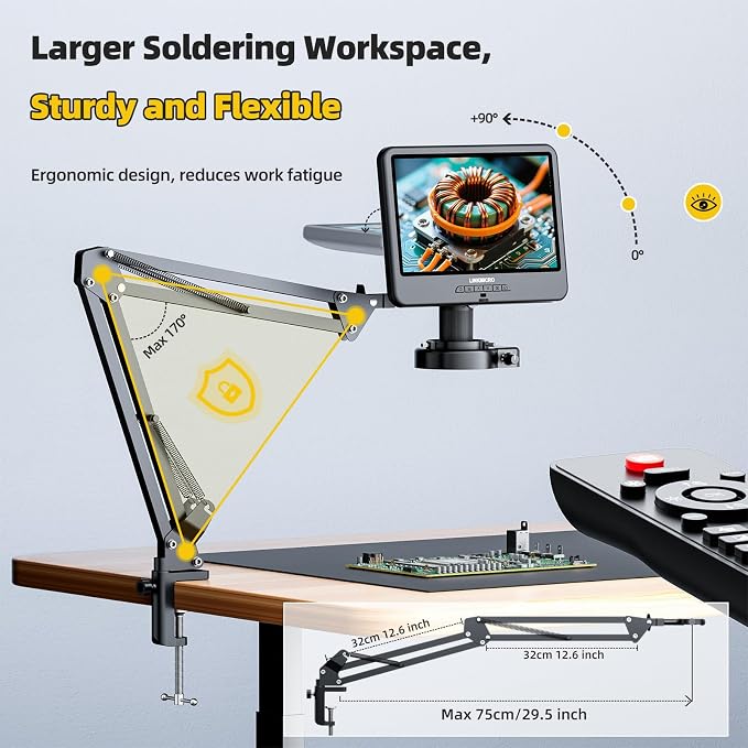 LM109A 10.1'' Digital Microscope with Flex Arm Stand, Soldering Microscope for Adults Electronics, 56 LED Ring Light, Full View Coins Camera Magnifier 260X, PC View