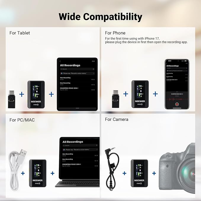 NEEWER CM28 Wireless Lavalier Microphone, Smart Noise Cancelling Lav Mic, 48KHz/16Bit 9hrs Uncompressed Recording, 200m Range, 4GB Storage for iPhone, Android, Camera, 1 RX + 2 TX + Charging Case