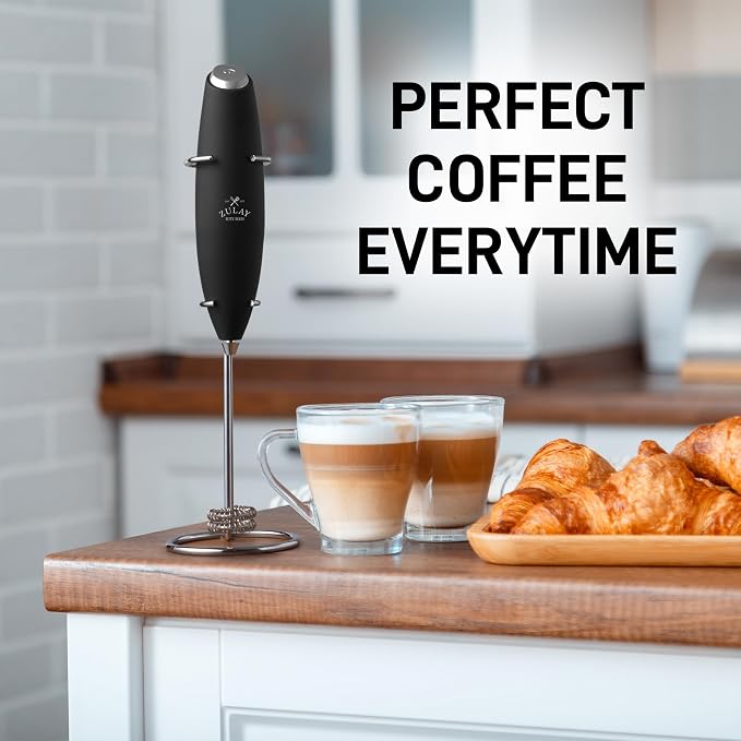 Zulay Kitchen Powerful Milk Frother Wand With Duracell Batteries - Ultra Fast Handheld Drink Mixer - Electric Whisk Foam Maker for Coffee, Lattes, Cappuccino & Matcha - Double Whisk - Alpha Black