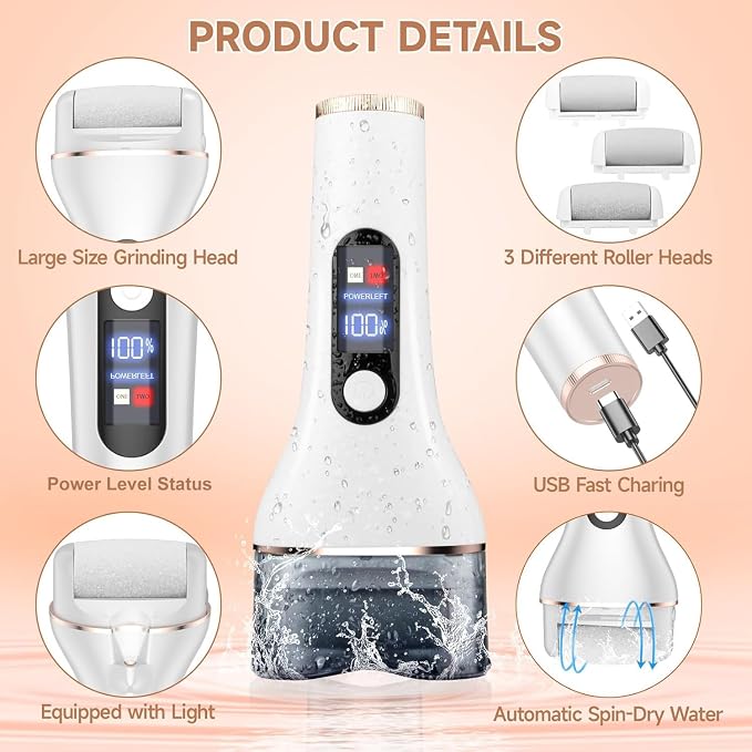 AdamPark Electric Foot File Callus Remover, Rechargeable Pedicure Tools Foot Care Kit, Portable Callus Remover Kit with 3 Roller Heads,2 Speed,Battery Display (White)