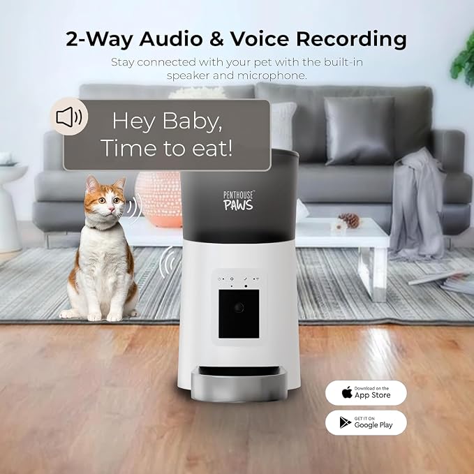 Penthouse Paws Smart HD Pet Feeder, 6L Dry Food Capacity, 1080p Camera, 2-Way Audio, Scheduled Meals, Backup Power, Easy to Clean, Anti-Jam Design for Cat & Dog, White/Stainless Steel