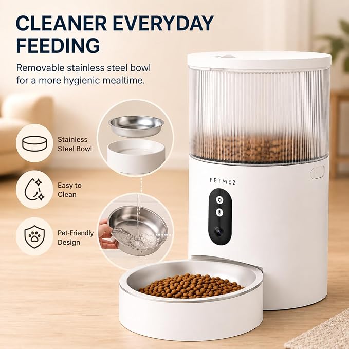 Automatic Cat Feeder with Camera, App Control, 2-Way Audio, Timed Dry Food Dispenser for Cats & Small Dogs, Smart WiFi Pet Feeder, Dual Power, Anti-Jam, Stainless Steel Bowl