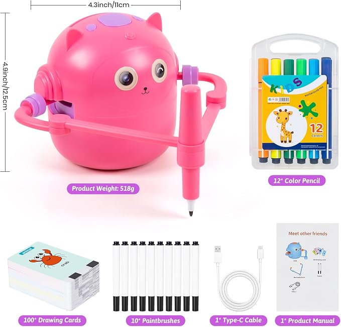 TREEFIA Drawing Robot for Kids, Drawing Robot for Kids 6 7 8 9 10 11 12 Year Old, Doodle Bot Toy with 100 Drawing Cards & 16 Color Pens for Girls and Boys