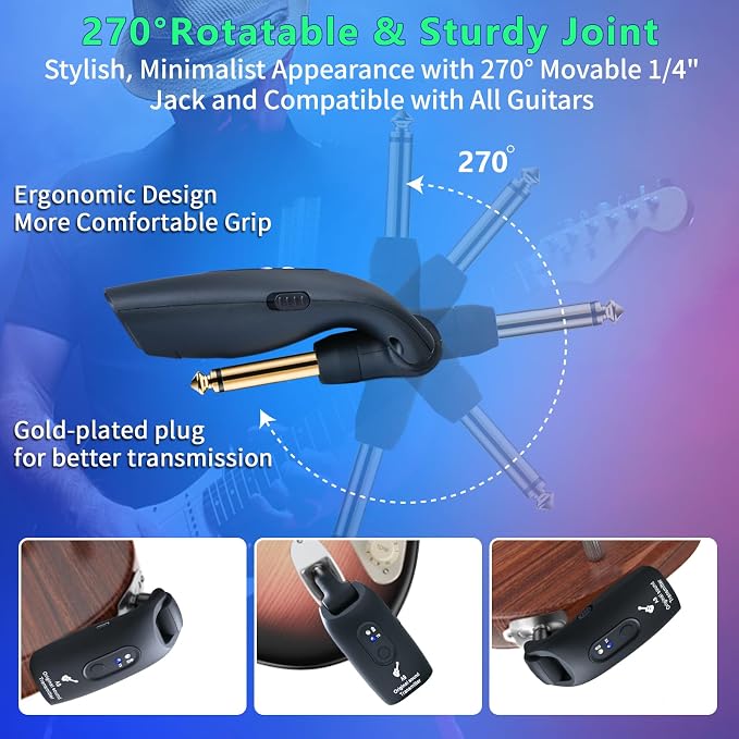 A9 Wireless Guitar System 2.4GHz Wireless Guitar Transmitter and Receiver, Rechargeable,4 Channels, 100FT/30m Range,270° Rotatable Plug,for Electric Guitar Bass (Black(2TX+1RX))