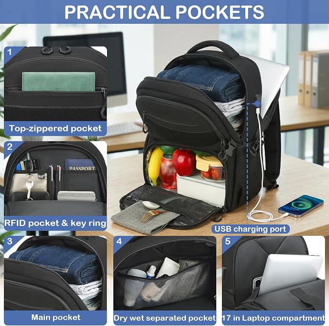 Laptop Lunch Backpack for Men - Large Capacity Tactical Insulated Backpack Cooler with USB Post and Lunch Box Compartment RFID Lunch Box Backpack for Work, Travel, Picnic, Black