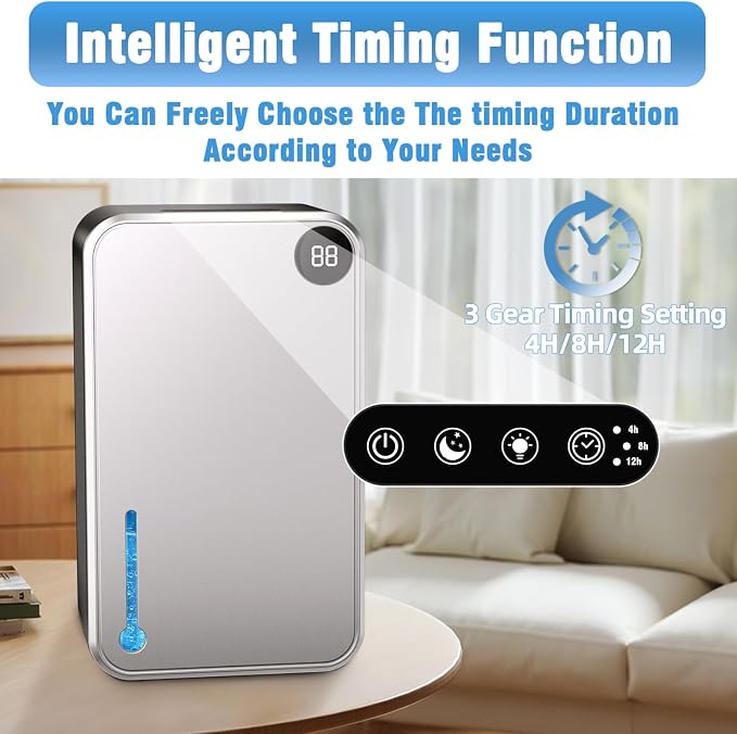 Dehumidifier, 55OZ Dehumidifiers for Home, Quiet with Auto Shut Off, Humidity Display Dehumidifier for Bedroom/Bathroom, Timer, Drain Hose, 7-color LED light, Moisture Absorbers (Grey)