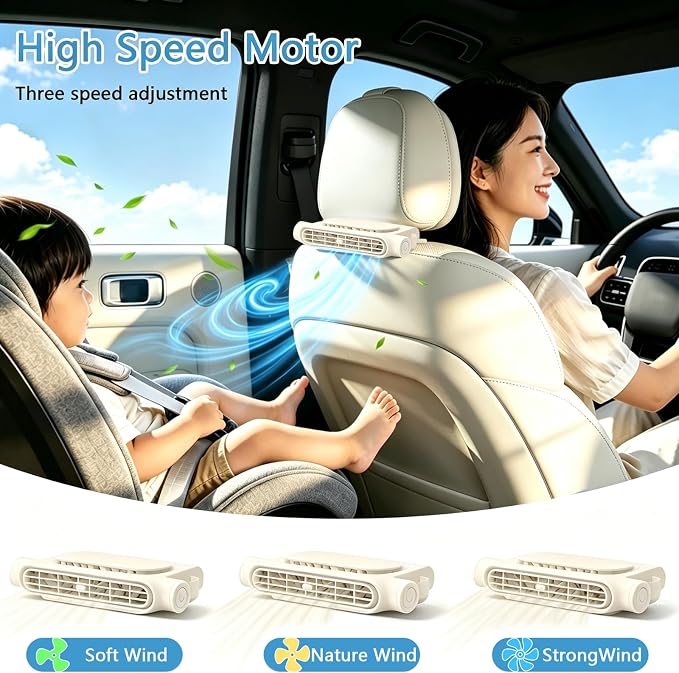 1PCS Car Seat Fan, Portable Car Fans for Backseat for Kids, USB Rechargeable Backseat Neck Cooling Air Conditioner Cooler Vent Clip on Fan with 3 Adjustable Wind Speeds Device for All Cars-Beige