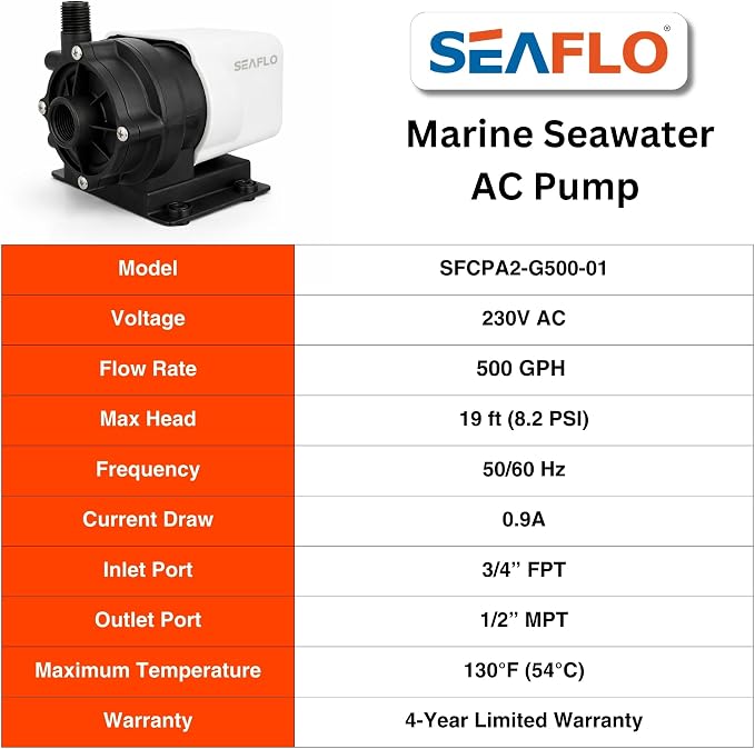 SEAFLO 500 GPH Air Conditioning 230V Marine AC, 8.5 GPM Magnetic Drive Circulation for Systems up to 16,000 BTU, 19 ft Head, Continuous Duty HVAC, 4-Year Warranty