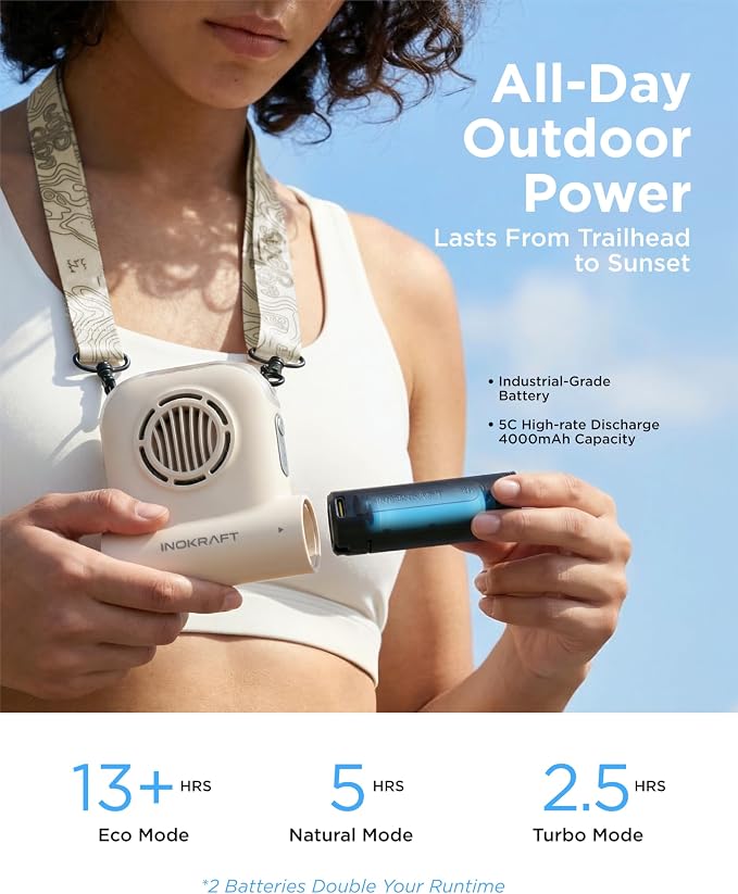 InoKraft Portable Fan Rechargeable for Hiking & Camping, Clip-On Waist Fan with Swappable 4Ah Rechargeable Battery, 49 ft/s Turbo Airflow, Up to 13H+ Runtime