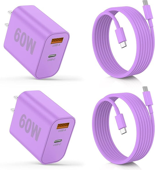 iPhone 17/16/15 Pro/Pro Max Charger, Dual Port USB-C Wall Charger with PD 40W & QC 20W Fast Charging, 10FT USB-C Cable for iPhone, iPad Pro, MacBook M1/M2/M3, Android (Purple, 6 FT)