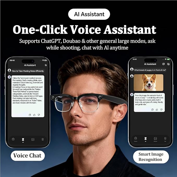 AI Smart Glasses with Camera, 8MPW Anti-Shake Bluetooth Camera Glasses, 1080P Video Recording Dual Mic Noise Reduction, Real Time Translation&Simultaneous Interpretation, 290mAh Capacity(W630)