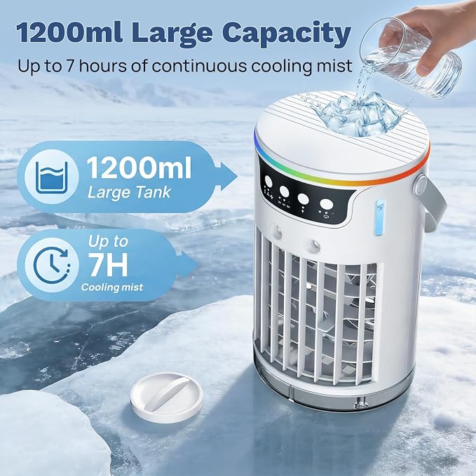 Portable Air Conditioners Fan, 1200ML Personal Evaporative Air Cooler with Water Tank, Ice Cooling Fan, Mini Desk Swamp Cooler for Bedroom, Office, Dorm, Home