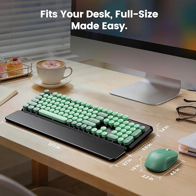 Wireless Keyboard and Mouse Combo with Magnetic Wrist Rest, Round Keycaps, Full-Size Retro Typewriter-Style Keyboard, Tilt Legs, Auto-Sleep, 2.4GHz Wireless for Windows PC Laptop, Forest Green & Black