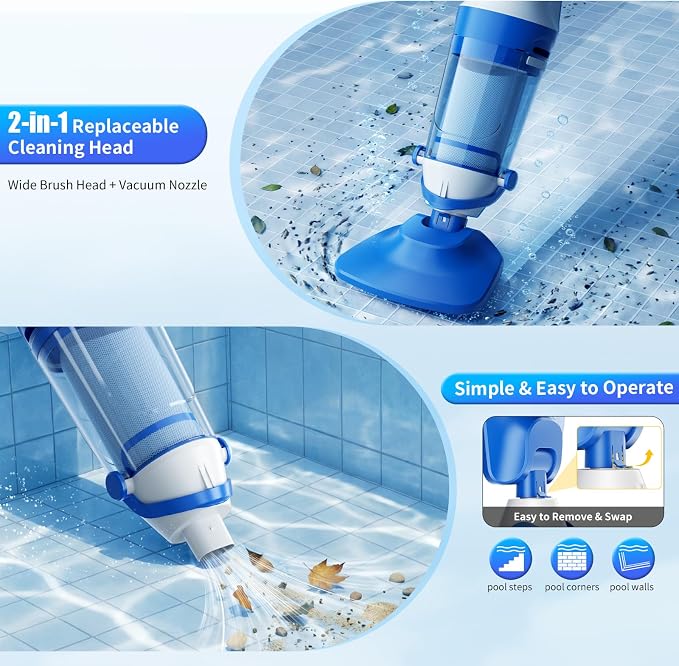 Cordless Pool Vacuum for Inground & Above Ground Pools: 23.8 GPM Powerful Stable Suction, Telescopic Pole up to 90.6", 60-Min Runtime, Extra-Large Filter & Rechargeable Pool Cleaner for Spas/Hot Tubs
