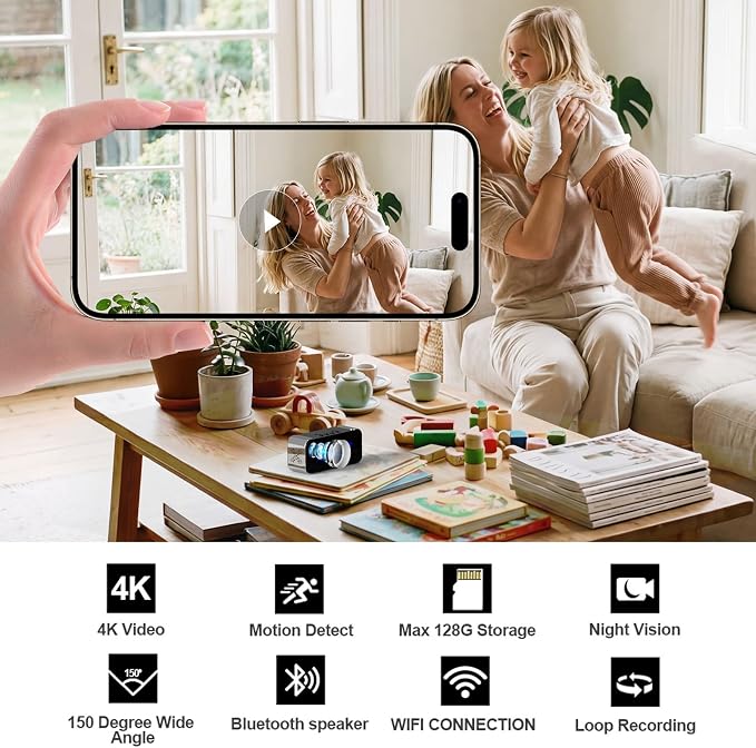Wireless Security Mini Camera, 4K Full HD Nanny Cam with Alarm Clock and Bluetooth Speaker, Excellent Night Vision & Motion Detection Alarm, Mobile Phone Remote APP Control, Support 5G and 2.4G