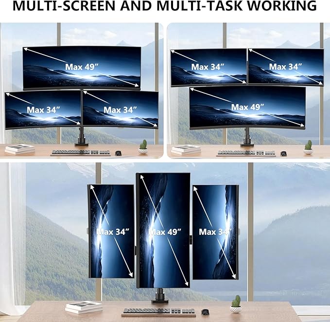 WALI Triple Monitor Mount, up to 49'' Ultrawides on Top Bracket and 34'' Screens on Side Brackets, Extra Tall 3 Monitors Desk Mount, Heavy Duty Monitor Arm up to 44 lbs (GSDM003N-P), Black